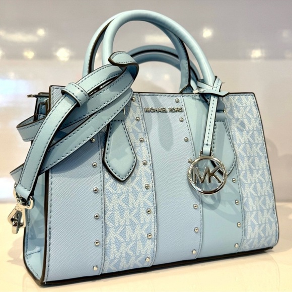 Michael Kors Sheila Small Studded Signature Logo Satchel Bag Light Sky Blue - Picture 1 of 10